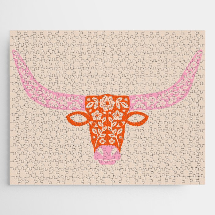 Floral Longhorn - Pink and Orange Jigsaw Puzzle Gallery Image 1