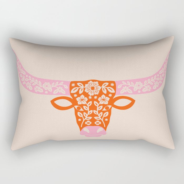 Floral Longhorn - Pink and Orange Rectangular Pillow Gallery Image 2
