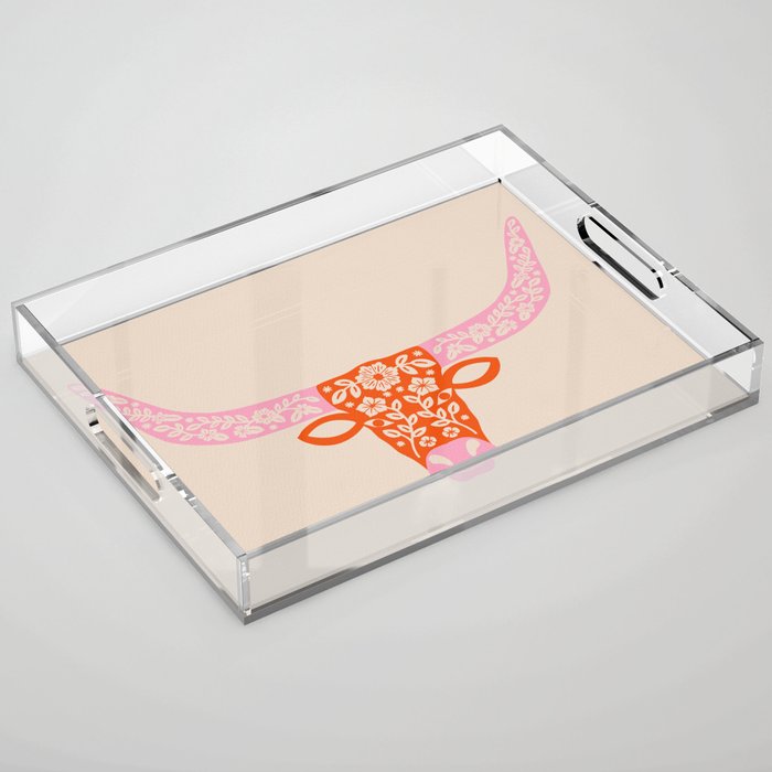 Floral Longhorn - Pink and Orange Acrylic Tray Gallery Image 1