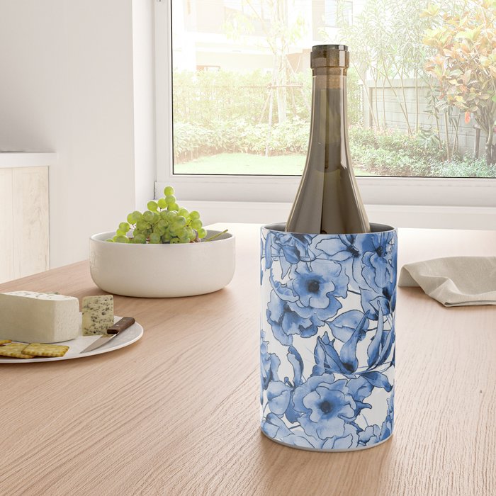 Abstract watercolor navy blue white floral illustration Wine Chiller Gallery Image 4