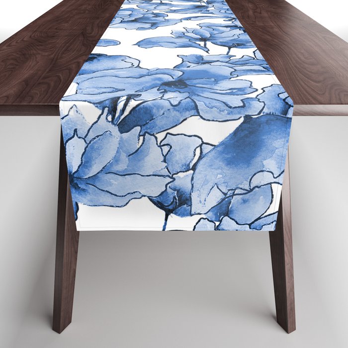 Abstract watercolor navy blue white floral illustration Table Runner Gallery Image 1