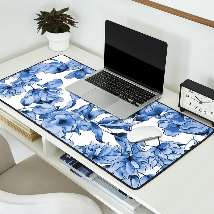 Abstract watercolor navy blue white floral illustration Desk Mat Gallery Image 2
