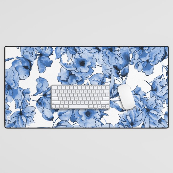 Abstract watercolor navy blue white floral illustration Desk Mat Gallery Image 1