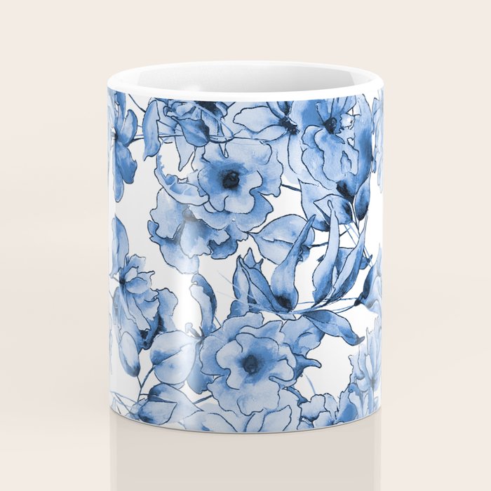 Abstract watercolor navy blue white floral illustration Coffee Mug Gallery Image 4