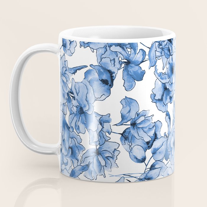 Abstract watercolor navy blue white floral illustration Coffee Mug Gallery Image 3