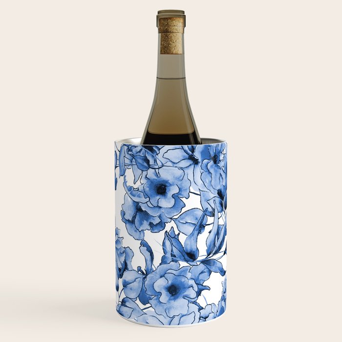 Abstract watercolor navy blue white floral illustration Wine Chiller Gallery Image 1