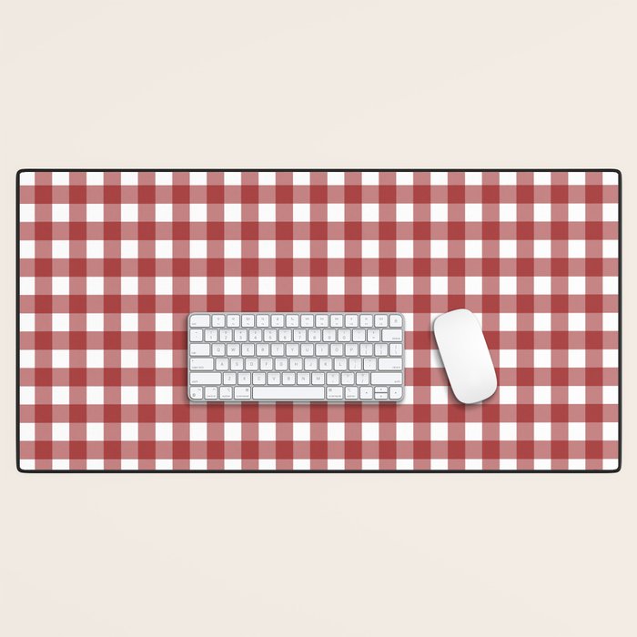 Gingham Plaid Checkered Pattern in Cherry Red and White Desk Mat Gallery Image 1