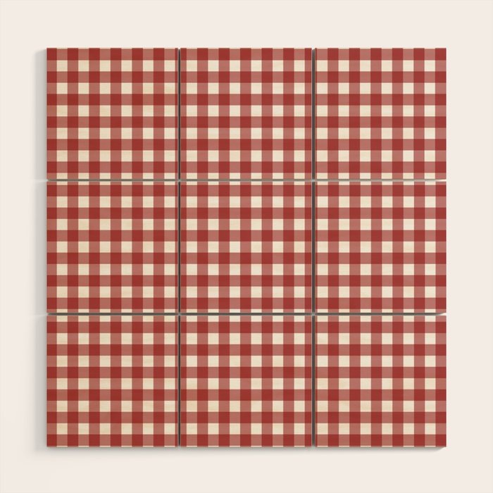 Gingham Plaid Checkered Pattern in Cherry Red and White Wood Wall Art Gallery Image 1
