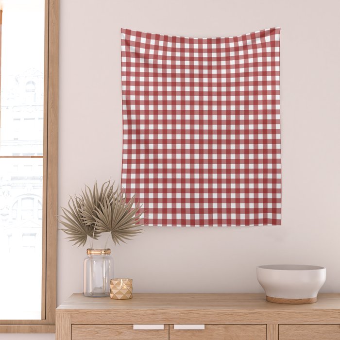 Gingham Plaid Checkered Pattern in Cherry Red and White Wall Tapestry Gallery Image 2