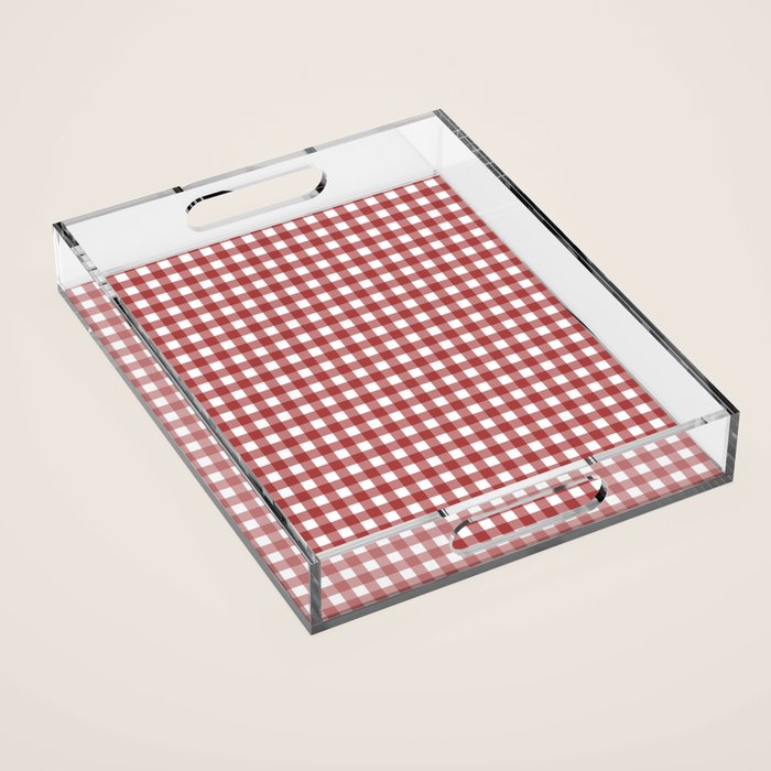 Gingham Plaid Checkered Pattern in Cherry Red and White Acrylic Tray Gallery Image 1