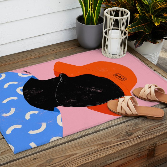 Squirt game hat in pink background and blue lines Outdoor Rug Gallery Image 2