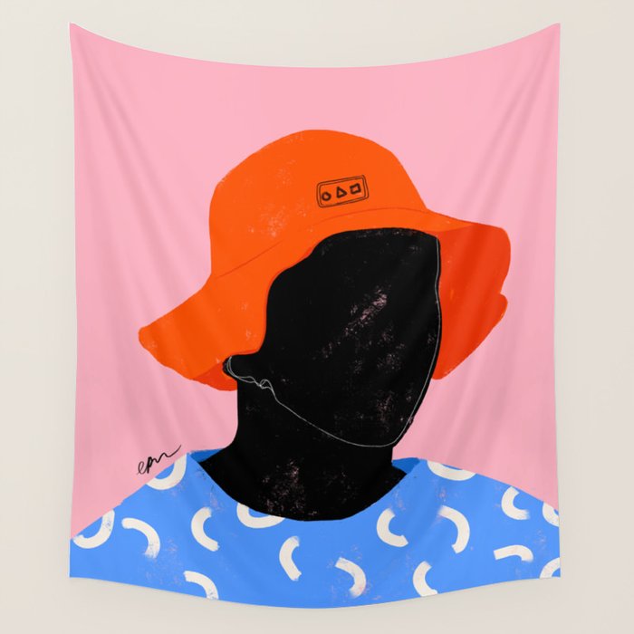 Squirt game hat in pink background and blue lines Wall Tapestry Gallery Image 4