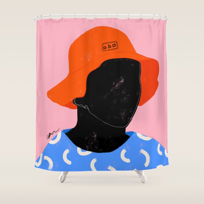 Squirt game hat in pink background and blue lines Shower Curtain Gallery Image 1