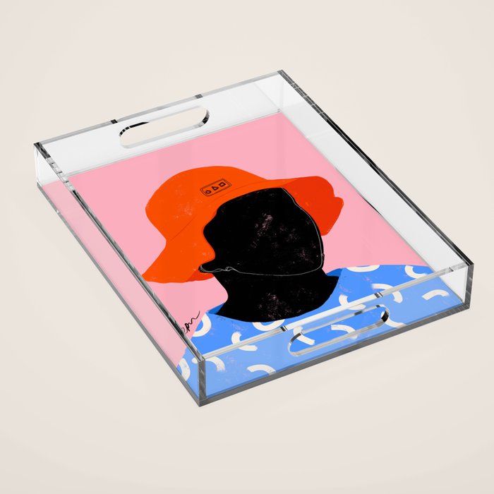 Squirt game hat in pink background and blue lines Acrylic Tray Gallery Image 1