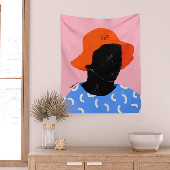 Squirt game hat in pink background and blue lines Wall Tapestry Gallery Image 2