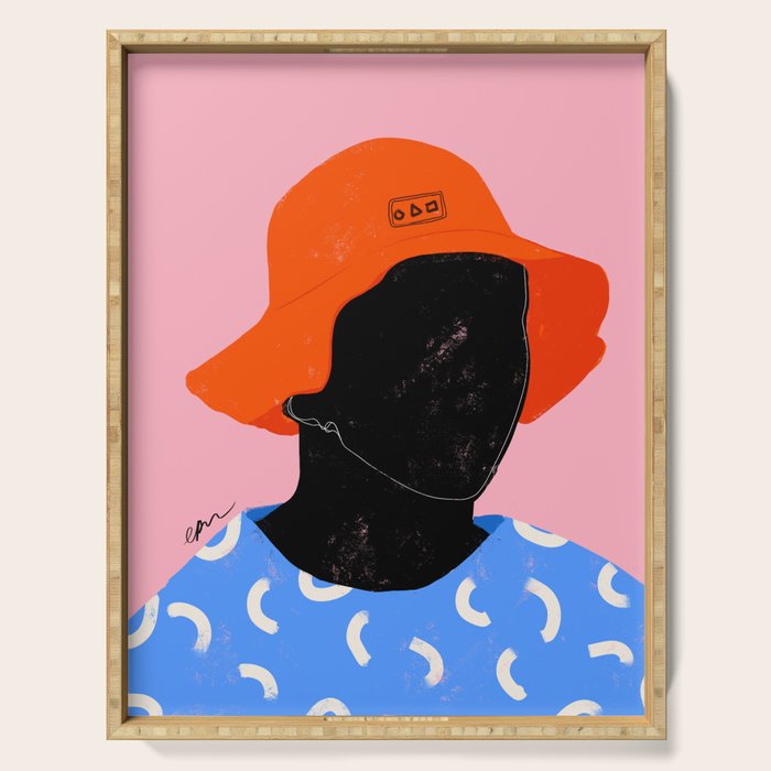 Squirt game hat in pink background and blue lines Serving Tray Gallery Image 1