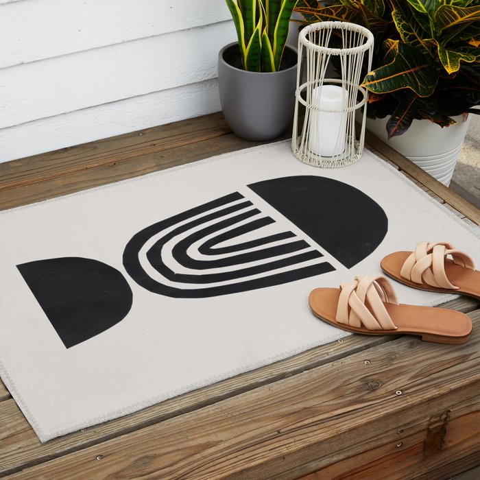 Black & White Minimalist Mid Century Paper collage Funky Black Ink Tribal Geometric by Ejaaz Haniff Outdoor Rug Gallery Image 2