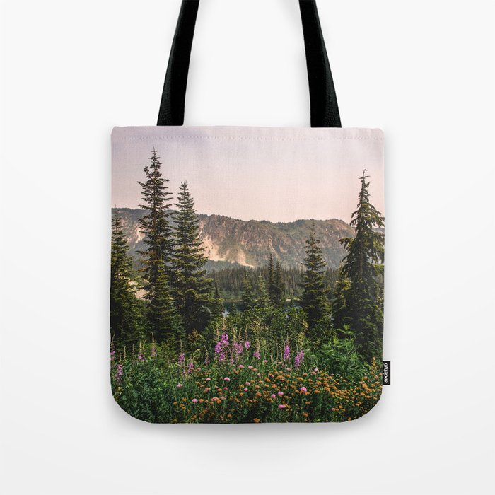 Mount Rainier Wildflower Adventure VII - Pacific Northwest Mountain Forest Wanderlust Tote Bag Gallery Image 1