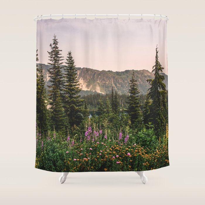 Mount Rainier Wildflower Adventure VII - Pacific Northwest Mountain Forest Wanderlust Shower Curtain Gallery Image 1