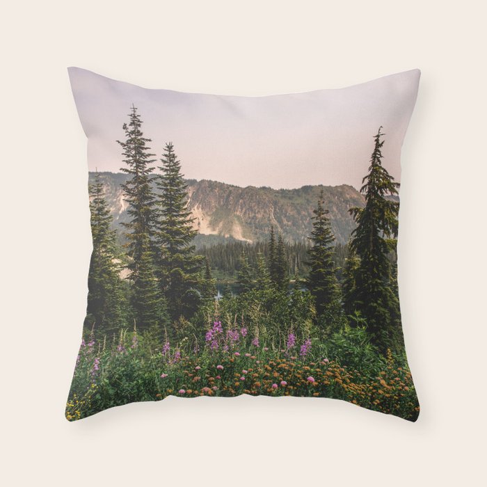 Mount Rainier Wildflower Adventure VII - Pacific Northwest Mountain Forest Wanderlust Throw Pillow Gallery Image 1