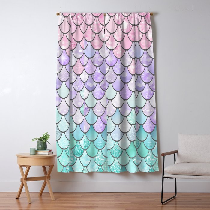 Cute Mermaid Pattern, Pink, Purple, Teal, Pastel Aesthetics Window Curtain Gallery Image 5
