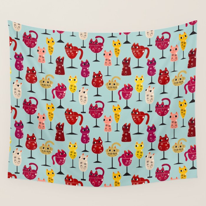 Feline Wine - Cats in Wine Glasses Wall Tapestry Gallery Image 1