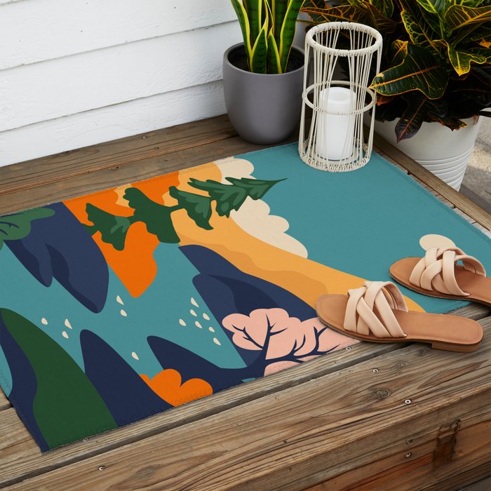 Nature forest mountain landscape art Outdoor Rug Gallery Image 2