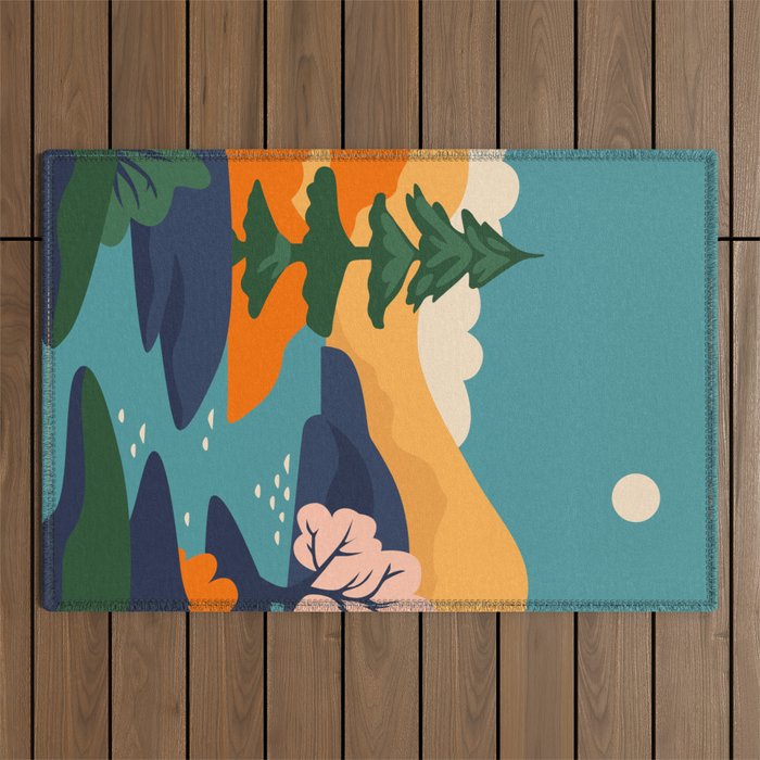 Nature forest mountain landscape art Outdoor Rug Gallery Image 1