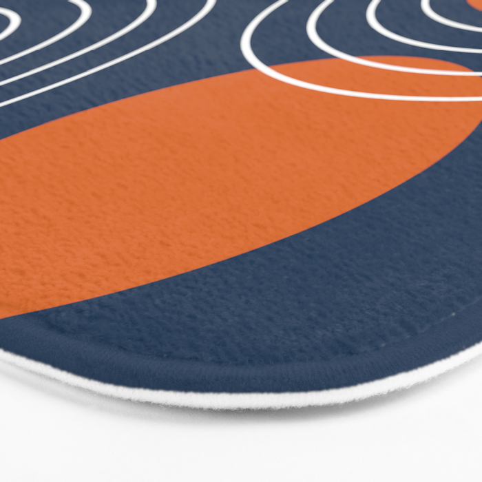 Mid Century Modern Geometric 111 in Navy Blue and Vintage Orange (Rainbow and Sun Abstraction) Bath Mat Gallery Image 3