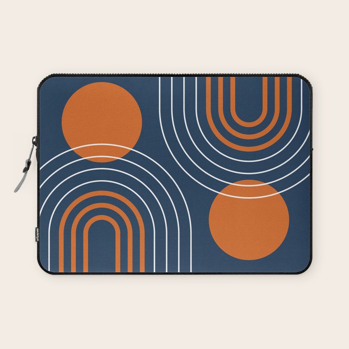 Mid Century Modern Geometric 111 in Navy Blue and Vintage Orange (Rainbow and Sun Abstraction) Laptop Sleeve Gallery Image 1