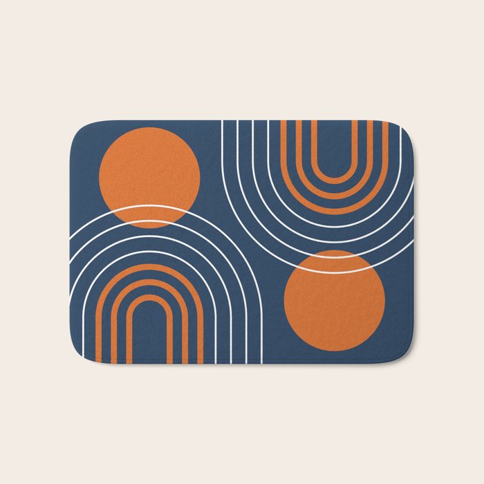 Mid Century Modern Geometric 111 in Navy Blue and Vintage Orange (Rainbow and Sun Abstraction) Bath Mat Gallery Image 1