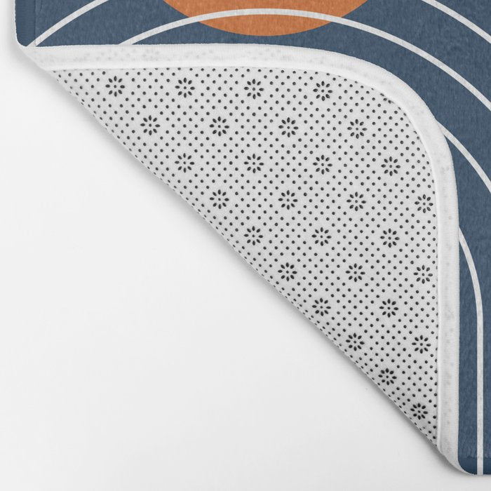 Mid Century Modern Geometric 111 in Navy Blue and Vintage Orange (Rainbow and Sun Abstraction) Bath Mat Gallery Image 2