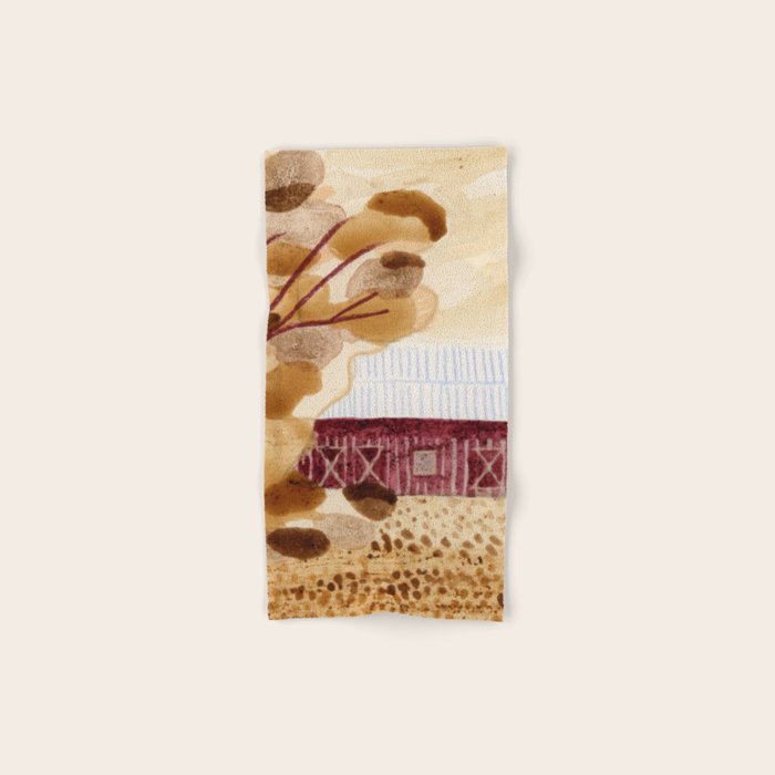 Rustic Country Barn Painting in Yellow Ochre & Brown Bath Towel Gallery Image 1