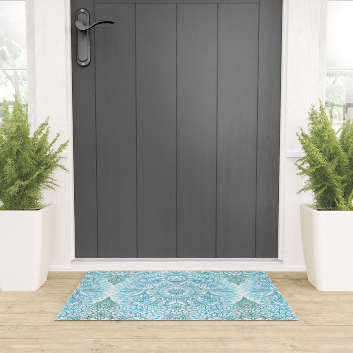 Turquoise Blue, Teal & White Protea Doodle Pattern Welcome Mat Gallery Image 3