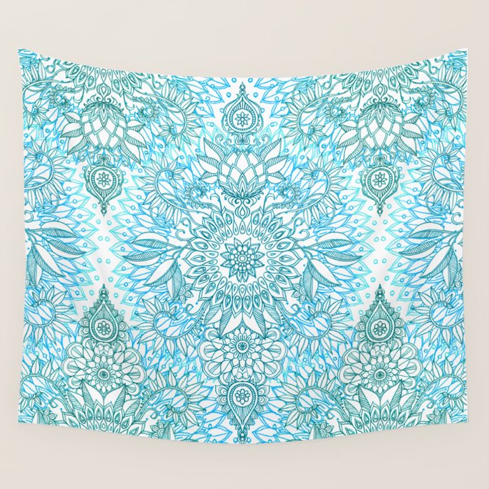 Turquoise Blue, Teal & White Protea Doodle Pattern Wall Tapestry Gallery Image 4
