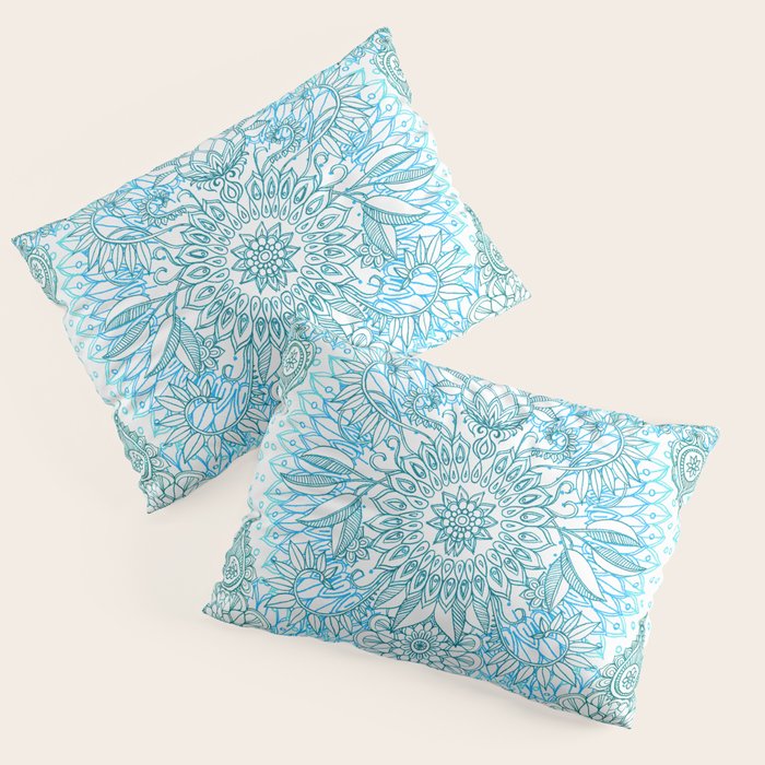 Turquoise Blue, Teal & White Protea Doodle Pattern Pillow Sham Gallery Image 1