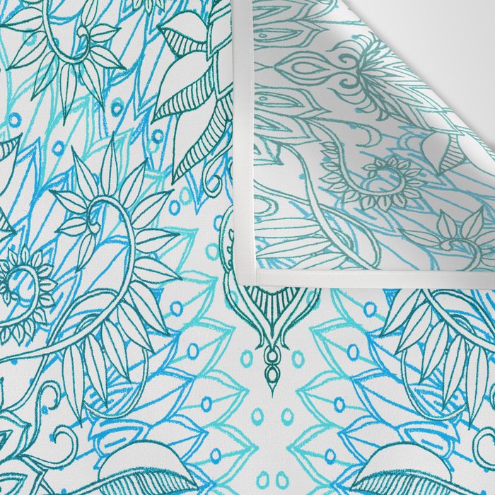 Turquoise Blue, Teal & White Protea Doodle Pattern Wall Tapestry Gallery Image 3