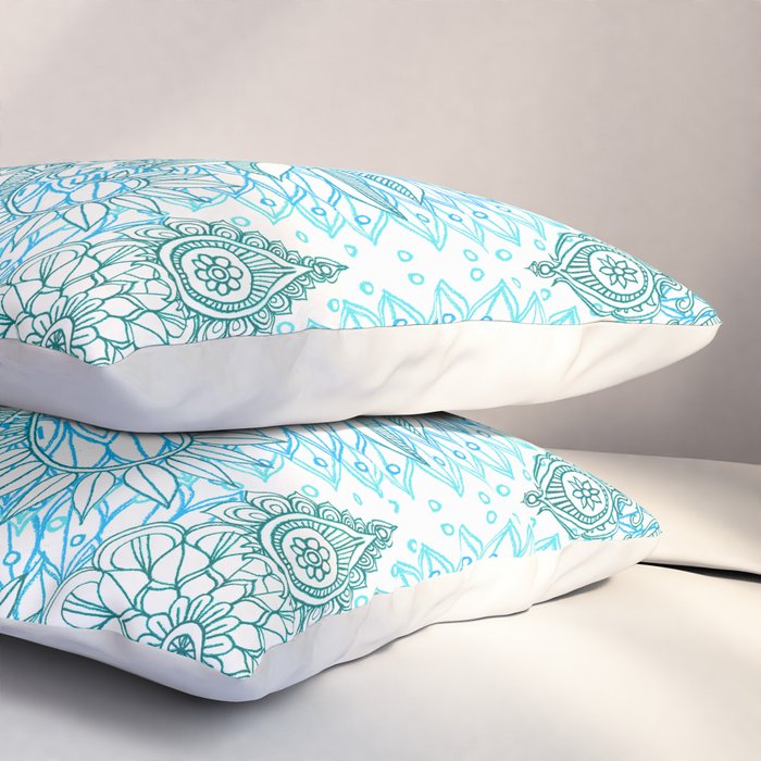 Turquoise Blue, Teal & White Protea Doodle Pattern Pillow Sham Gallery Image 3
