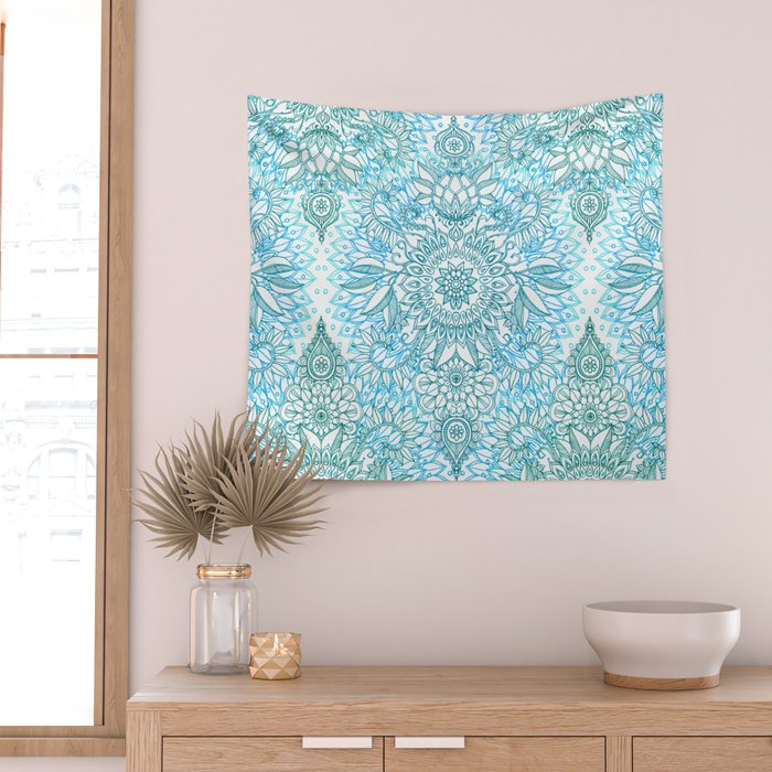 Turquoise Blue, Teal & White Protea Doodle Pattern Wall Tapestry Gallery Image 2