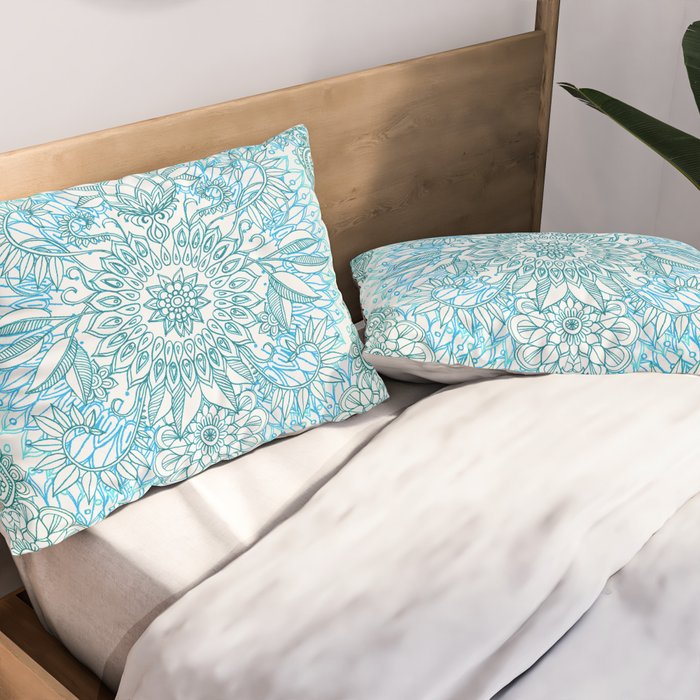 Turquoise Blue, Teal & White Protea Doodle Pattern Pillow Sham Gallery Image 2