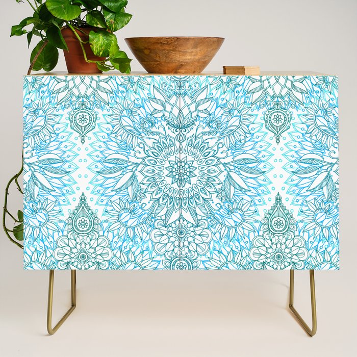 Turquoise Blue, Teal & White Protea Doodle Pattern Credenza Gallery Image 1