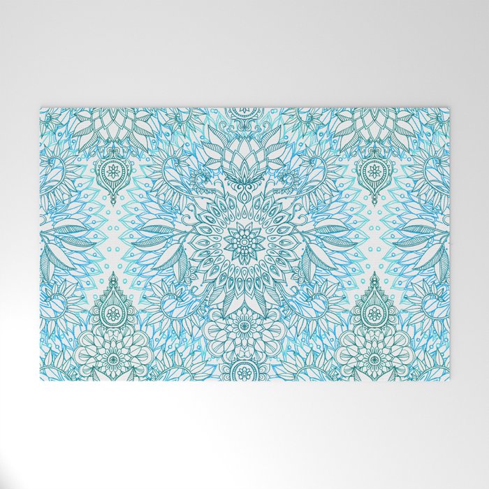 Turquoise Blue, Teal & White Protea Doodle Pattern Welcome Mat Gallery Image 1