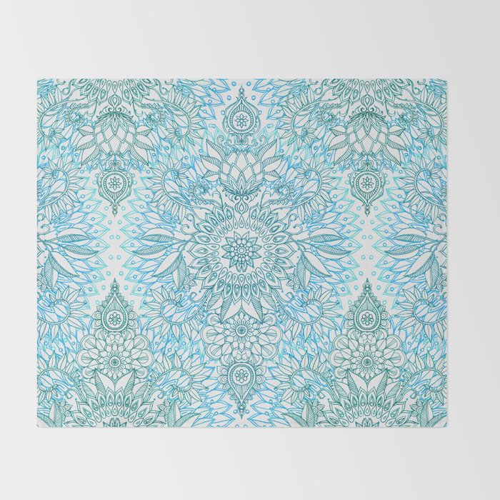 Turquoise Blue, Teal & White Protea Doodle Pattern Throw Blanket Gallery Image 2