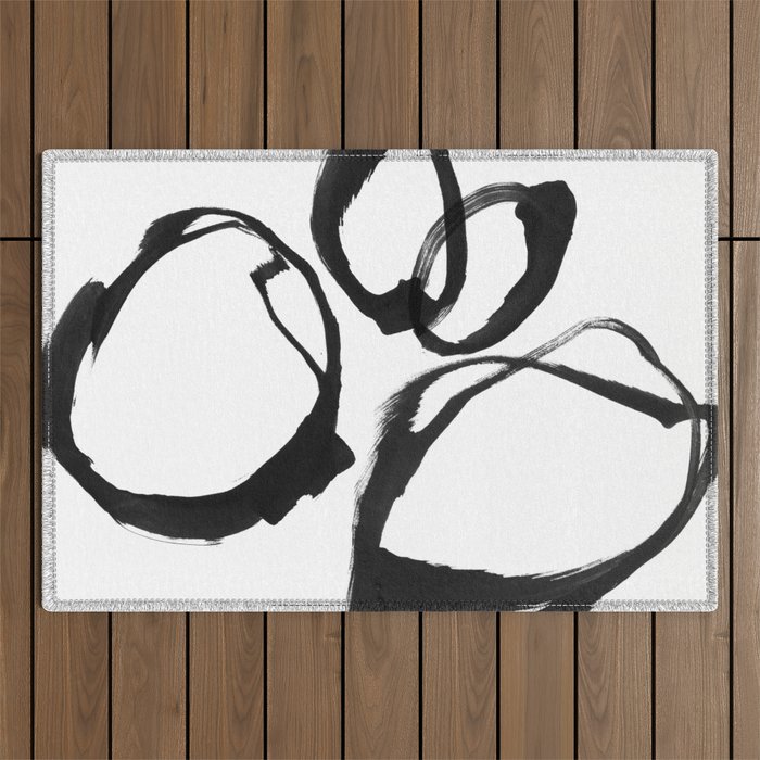 Minimalist Abstract Black Ink Painting Rings 2 Outdoor Rug Gallery Image 1