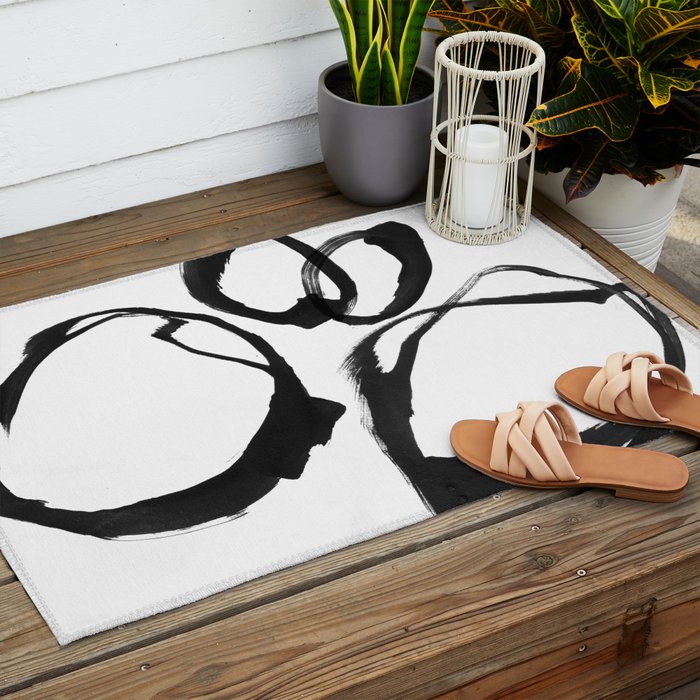 Minimalist Abstract Black Ink Painting Rings 2 Outdoor Rug Gallery Image 2
