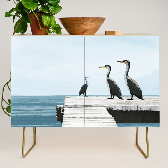 Cormorants on a Pier Watercolor Illustration Credenza Gallery Image 1