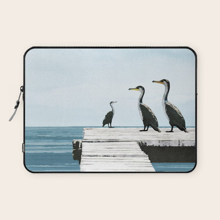 Cormorants on a Pier Watercolor Illustration Laptop Sleeve Gallery Image 1
