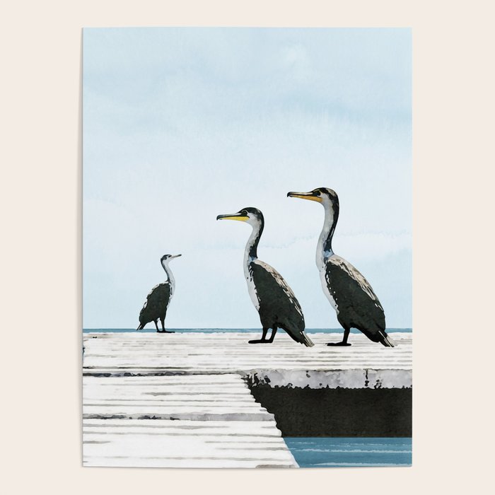 Cormorants on a Pier Watercolor Illustration Poster Gallery Image 4
