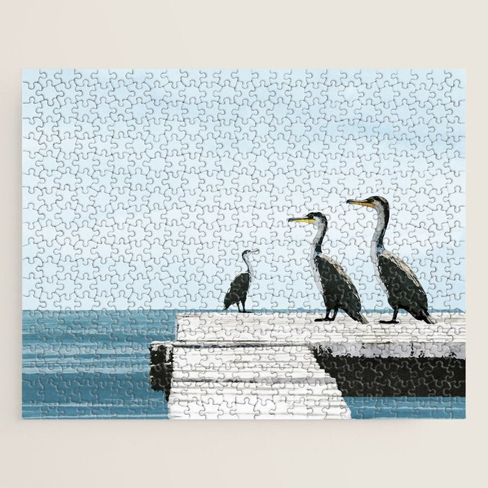 Cormorants on a Pier Watercolor Illustration Jigsaw Puzzle Gallery Image 1