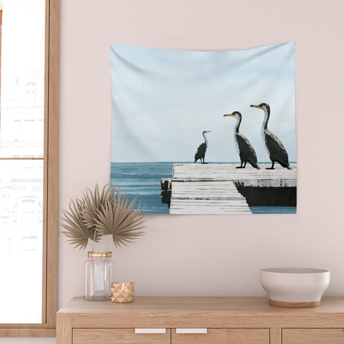 Cormorants on a Pier Watercolor Illustration Wall Tapestry Gallery Image 2